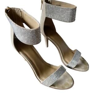 Kenneth Cole Reaction, Size 8.5 M, Champagne Gold Strappy Heels, SIlver Crystals